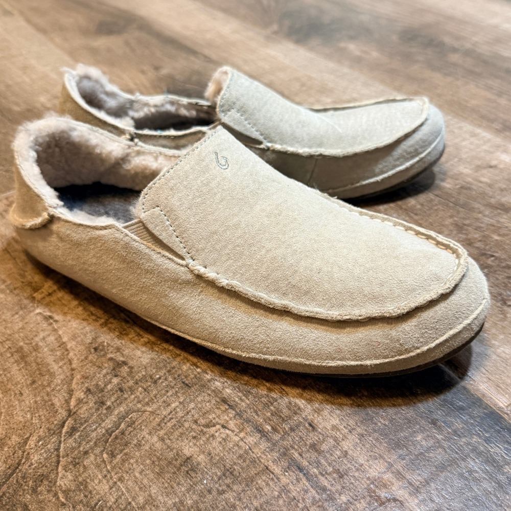 Olukai Women's Nohea Nubuck Leather Soft Shearling Slippers, Pale Gray, 9 - Picture 6 of 9